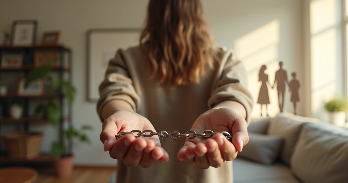 Persona adulta rompiendo una cadena frente a siluetas de familiares detrás 