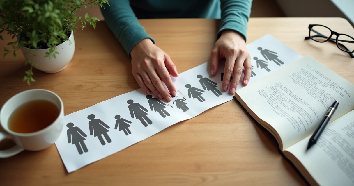 Adulto rompiendo una línea de figuras familiares repetidas 