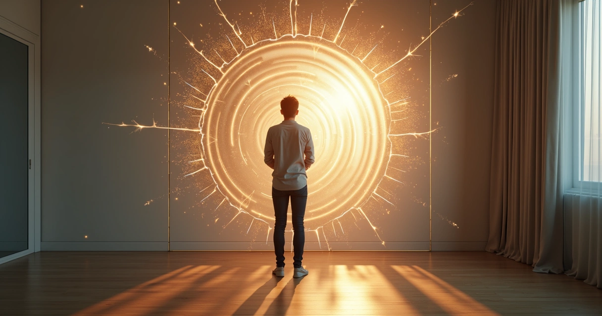 Persona observando su reflejo fragmentado frente a un muro con patrones que se rompen 