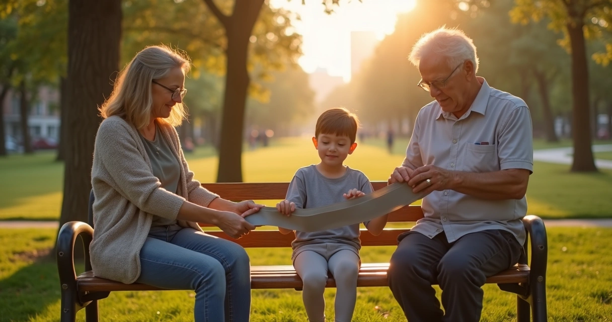 Tres generaciones sentadas al aire libre rompiendo un lazo hecho de cinta adhesiva 