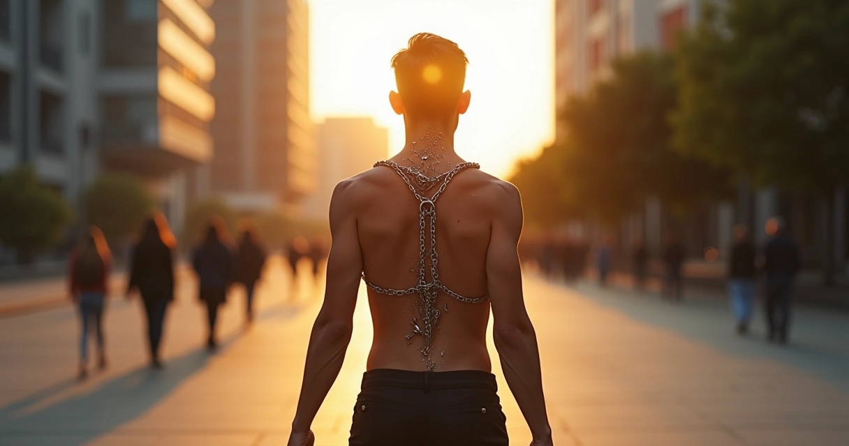 Pessoa rompendo correntes emocionais em ambiente urbano 