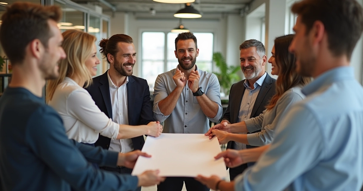 Miembros de un equipo laboral rompiendo un círculo de papel.