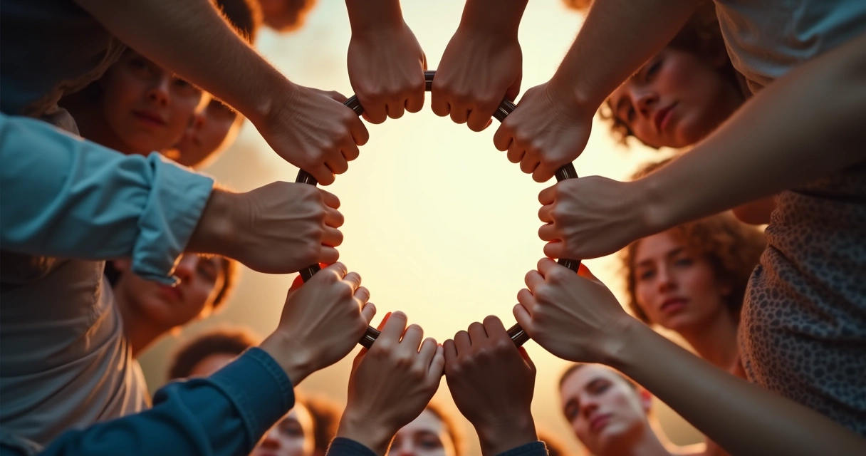 Grupo de personas rompiendo cadenas juntos 