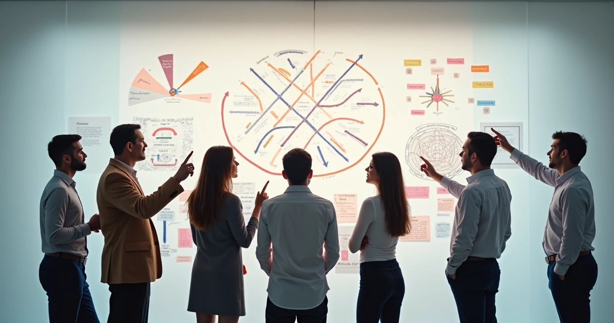 Grupo de personas mirando una pared con papeles y flechas que muestran patrones de comportamiento