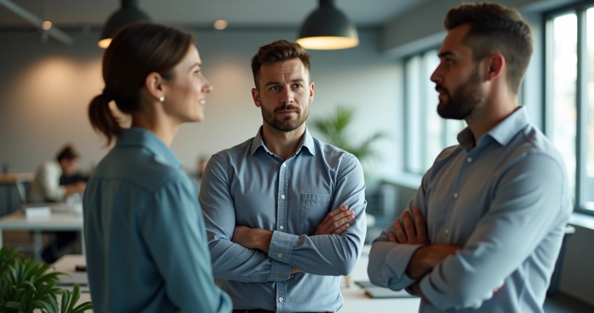 Grupo de três pessoas, duas conversando enquanto uma observa afastada e desconfiada. 