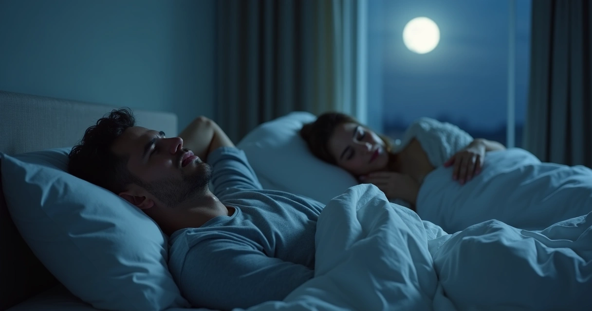 Homem roncando ao lado de mulher incomodada na cama.