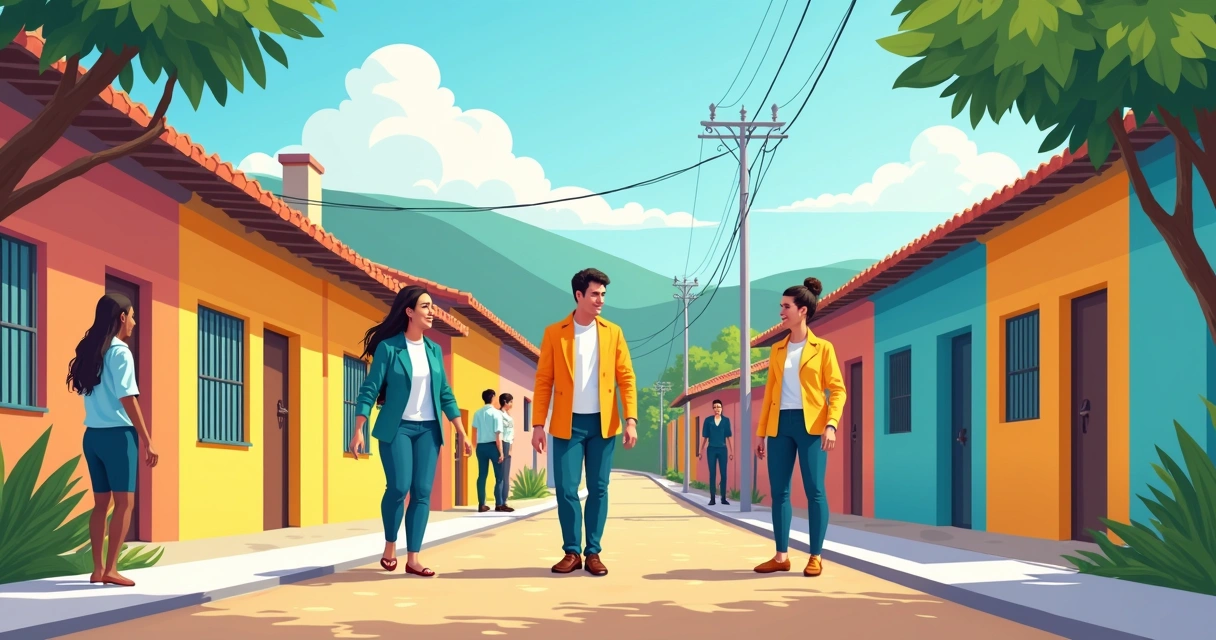 Consultores caminhando em bairro regional, conversando com moradores e observando interações locais.