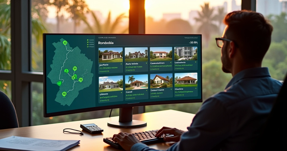 Painel digital com imóveis em Rondônia destacados em mapa ao fundo 