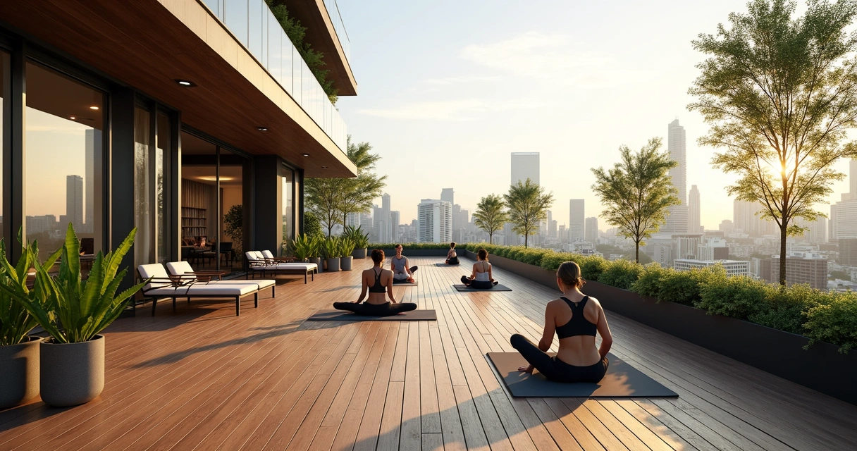 Rooftop urbano com vista para cidade e áreas de estar rodeadas por plantas 