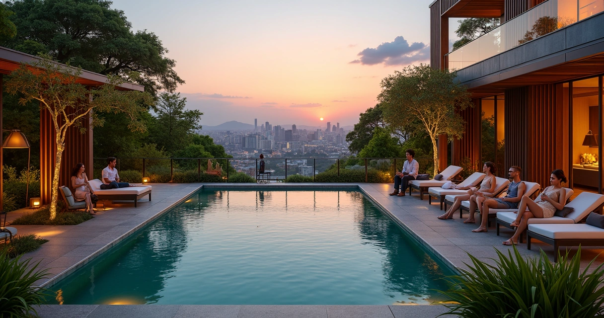 Rooftop elegante com piscina natural e natureza ao fundo 