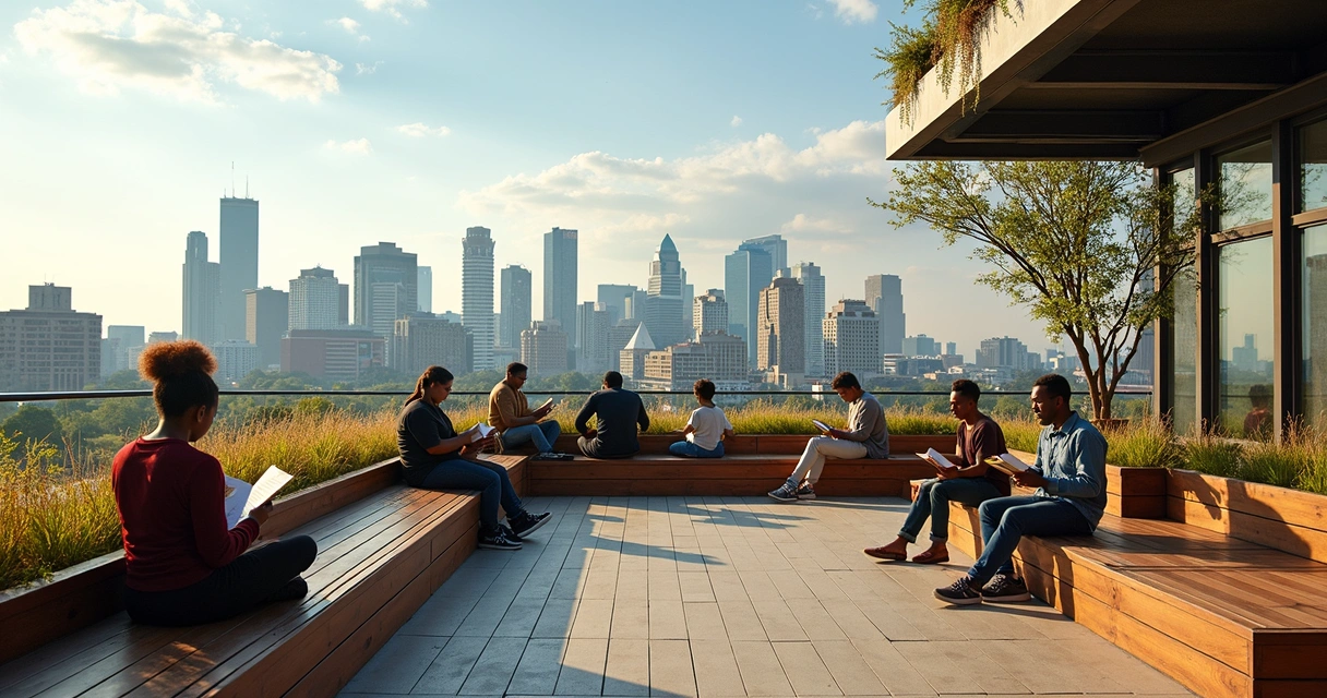 Rooftop library garden with people reading and city skyline