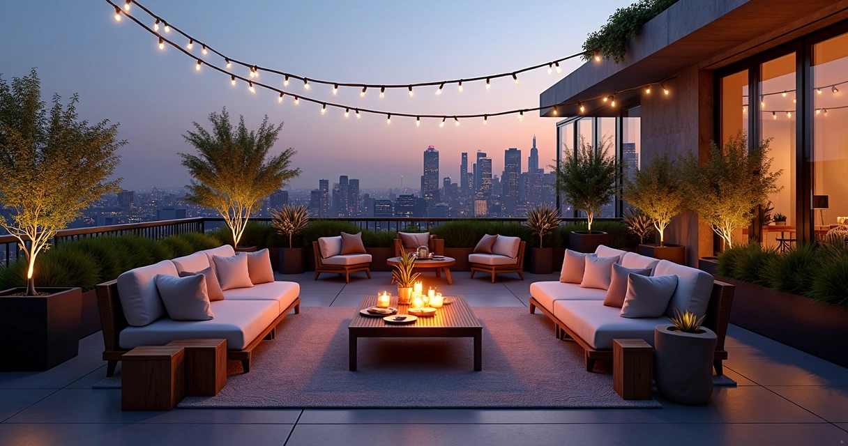 Rooftop garden seating area with soft lighting at dusk