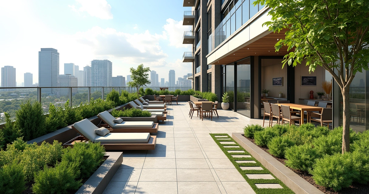 Condo rooftop garden with zones for seating, gardening, and play