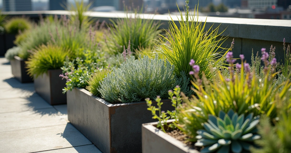 Close-up of drought-tolerant plants in rooftop planter boxes