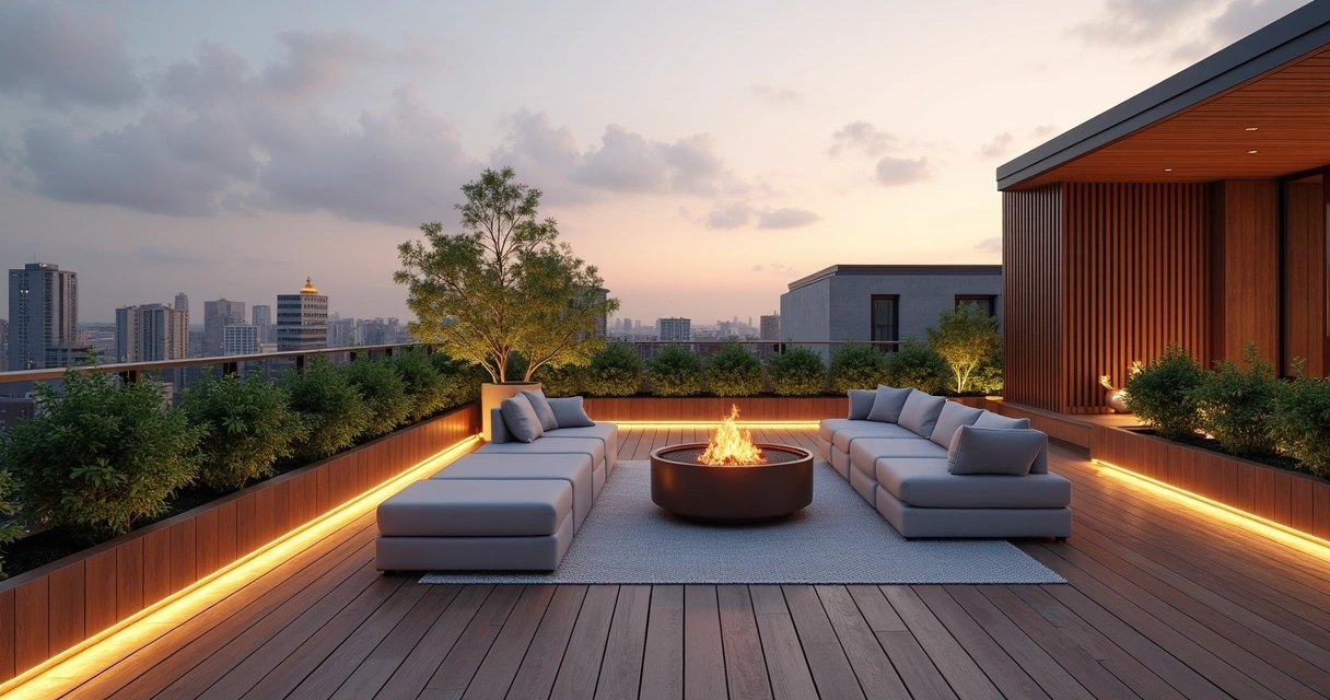 3D rooftop garden visualization with wood decking, lush plants, and seating