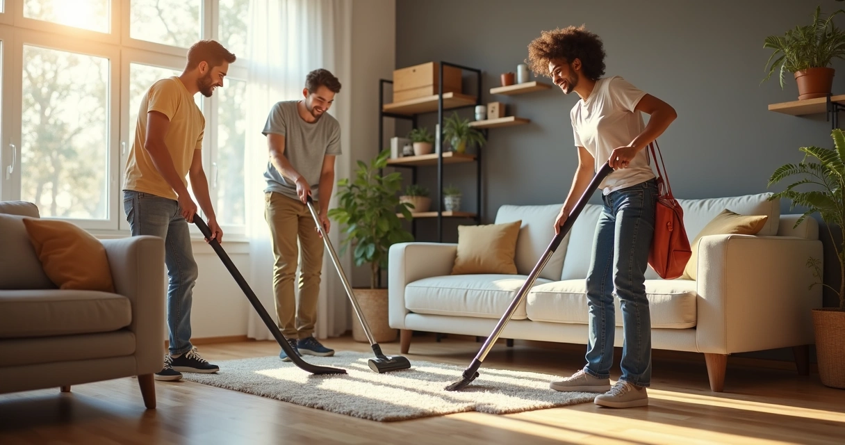 Três pessoas colaborando para limpar uma sala com alegria 