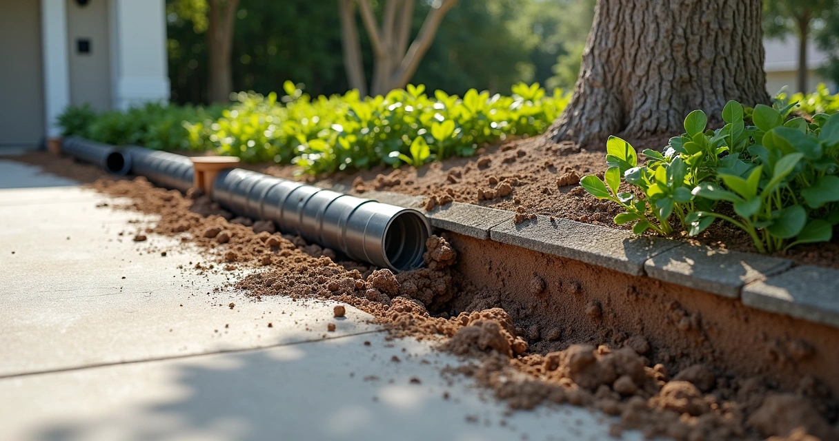 Workers installing root barriers near a driveway edge 