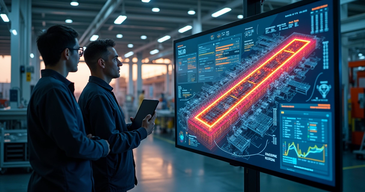 Engineers examine a touchscreen with digital factory diagrams and highlighted failure zones 
