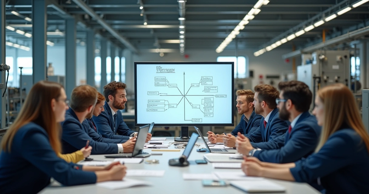 Ingenieros industriales discutiendo diagramas sobre una mesa 