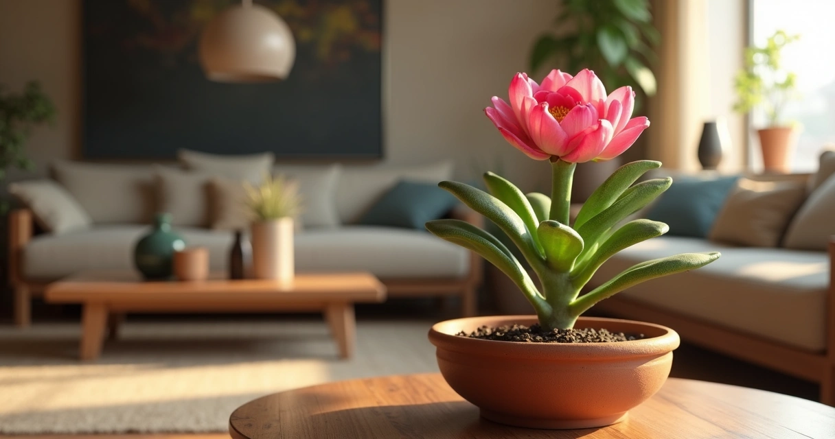 Rosa do deserto plantada em vaso largo de cerâmica em ambiente interno 