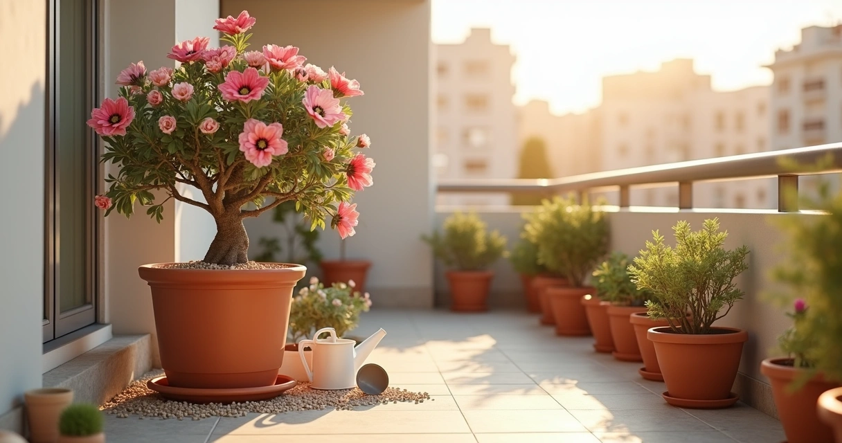 Rosas do deserto floridas em vaso de terracota em sacada ensolarada 