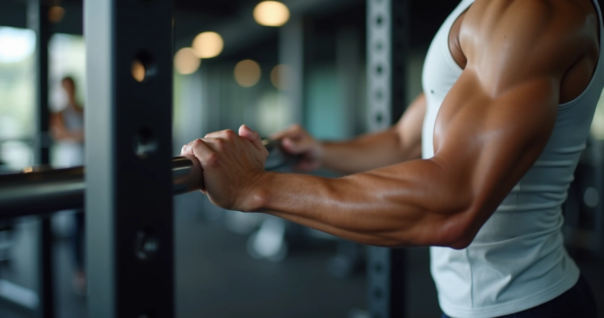 Pessoa executando rosca direta com barra em pé