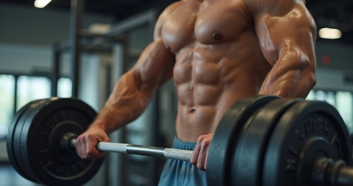 Pessoa executando rosca direta com barra na academia 