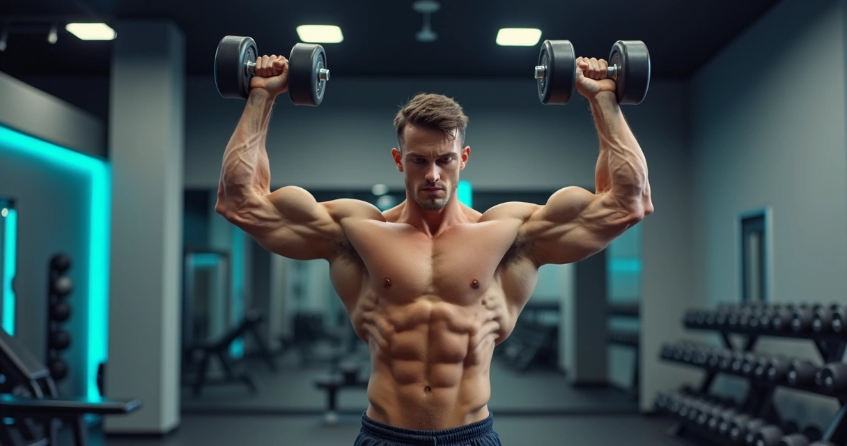 Pessoa fazendo rosca francesa com halter acima da cabeça focando em tríceps na academia 