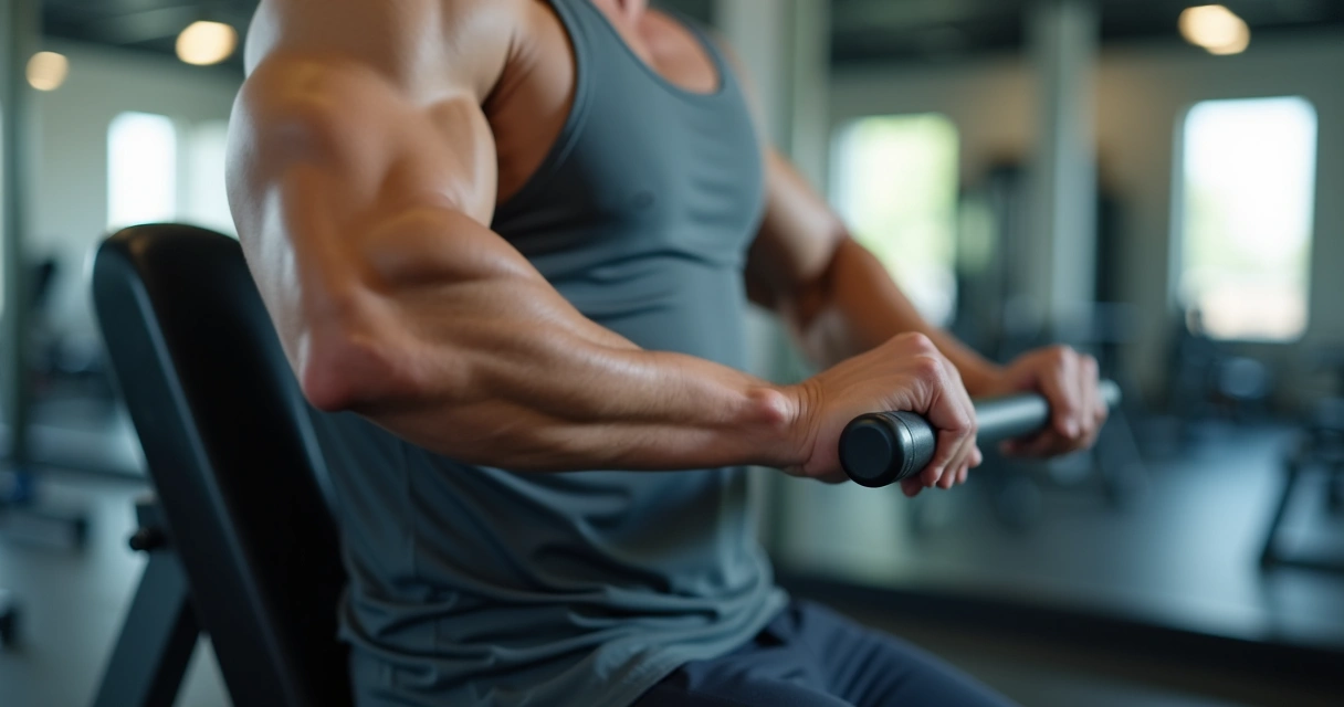 Pessoa fazendo rosca Scott em banco com barra W