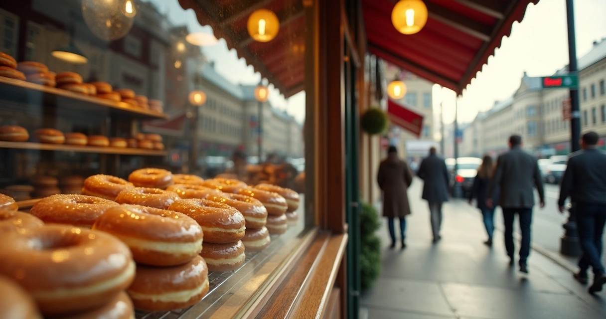 Vitrine de loja com rosquinhas frescas e atendimento no balcão 