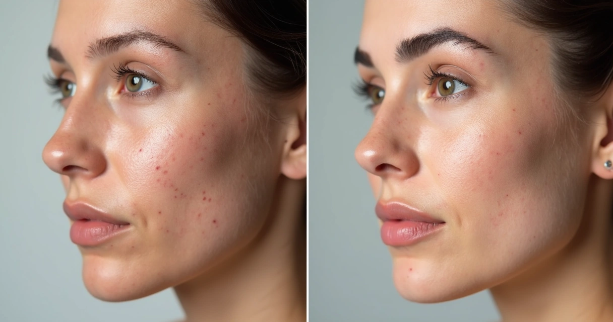 Rosto de paciente mostrando antes e depois do tratamento com laser CO2 para cicatriz de acne 