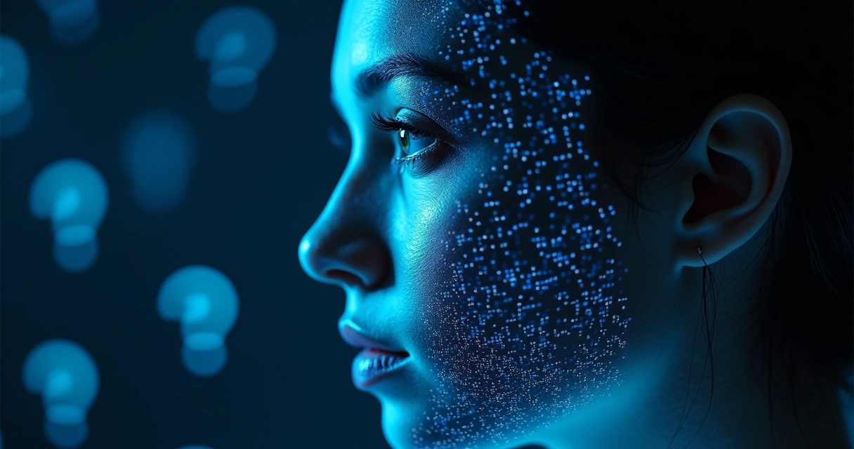 Rosto humano dividido com padrões de dados digitais em um lado e sombras de preconceitos no outro, simbolizando IA e vieses humanos 