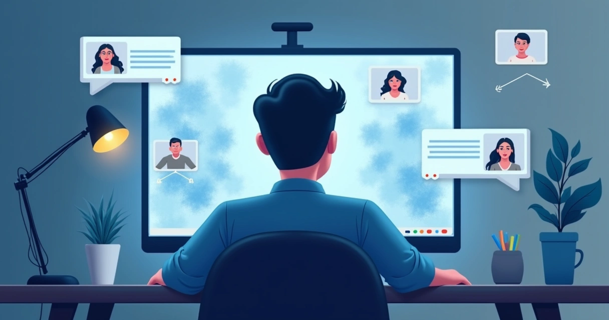 Pessoa em chamada de vídeo com rosto desfocado e ambiente digital ao fundo.