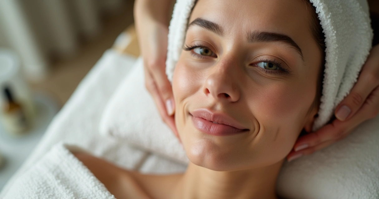 Rosto hidratado e luminoso depois de procedimento facial, com fundo neutro e pele impecável.