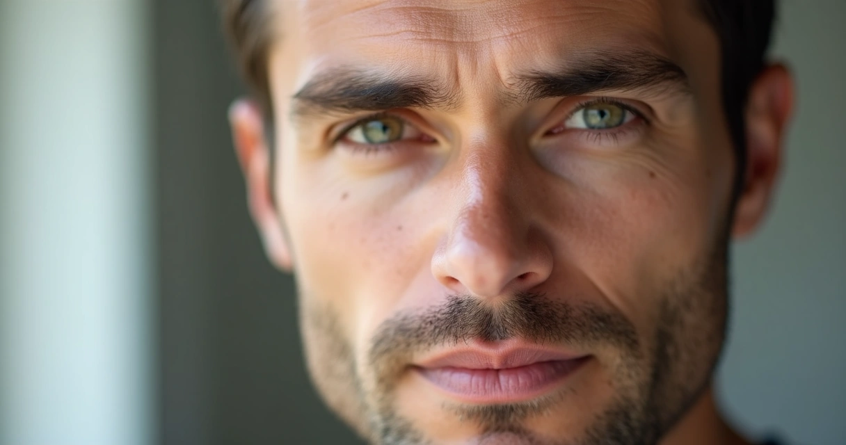 Homem com rosto simétrico e expressão natural após harmonização 