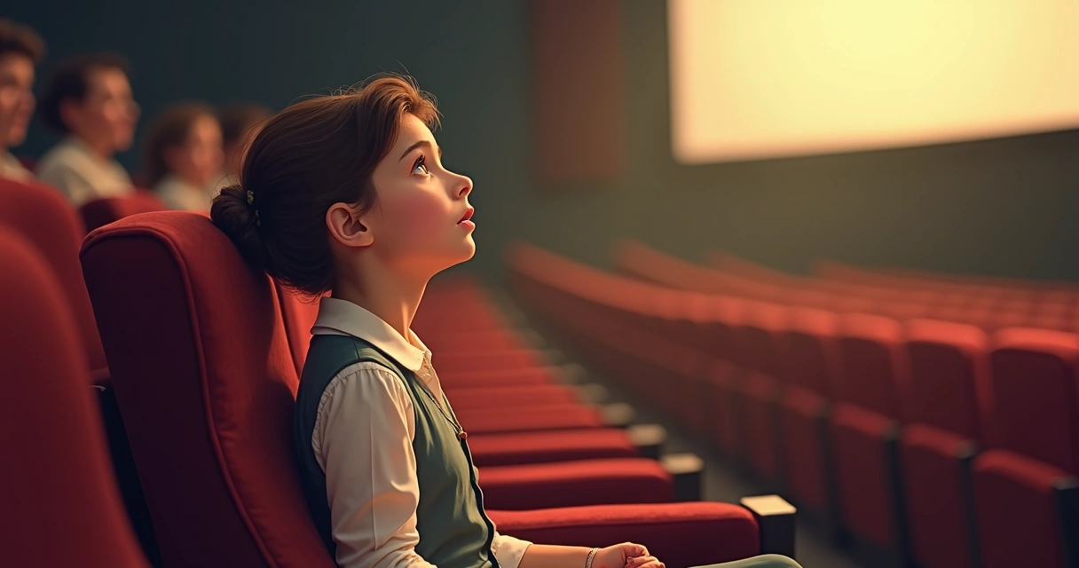Menina sentada em poltrona de cinema olhando atenta para a tela, com expressão de emoção. 