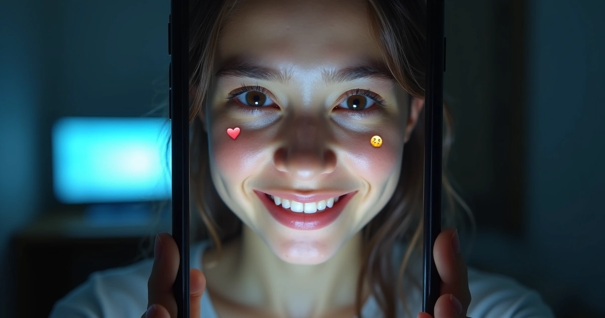 Rosto dividido entre metade digital e metade real refletido em tela de smartphone 