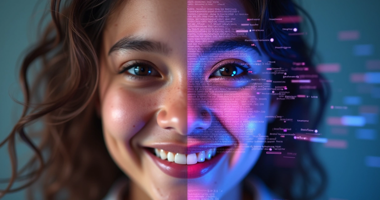 Metade rosto humano, metade digital ilustrando atendimento humano 