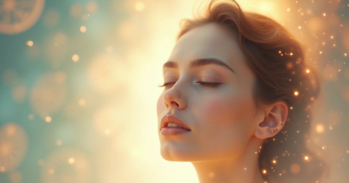 Rosto de mulher em meditação com luz suave envolvendo a cabeça 
