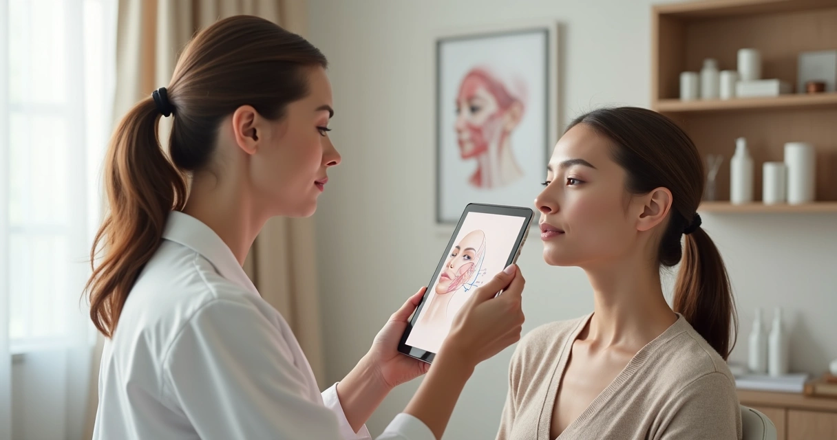 Mulher de perfil com rosto natural iluminado recebendo avaliação facial com tablet 3D 