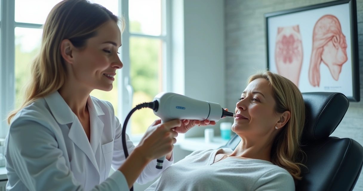 Tratamento facial a laser em mulher madura 