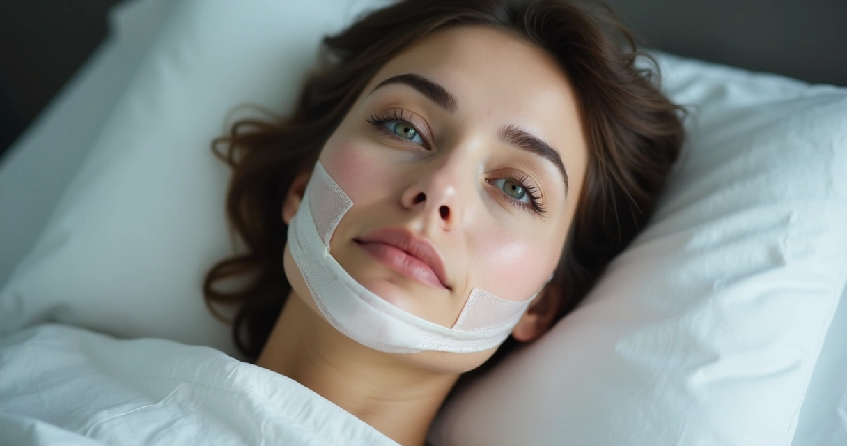 Rosto de mulher com curativo facial após cirurgia plástica 