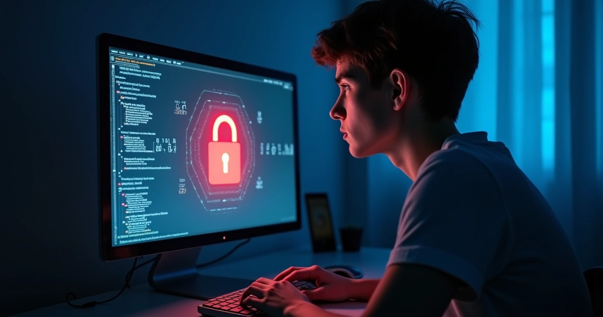 Pessoa preocupada olhando para a tela do computador com tela de alerta de segurança