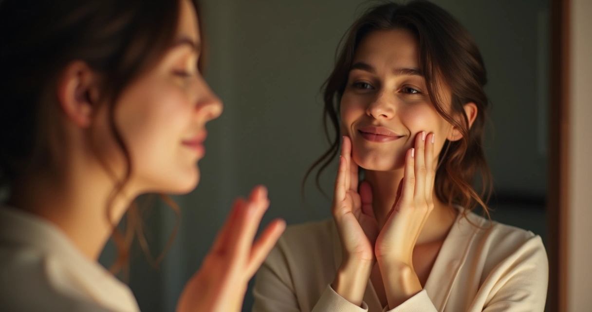 Pessoa olhando para o próprio reflexo em um espelho com expressão tranquila 