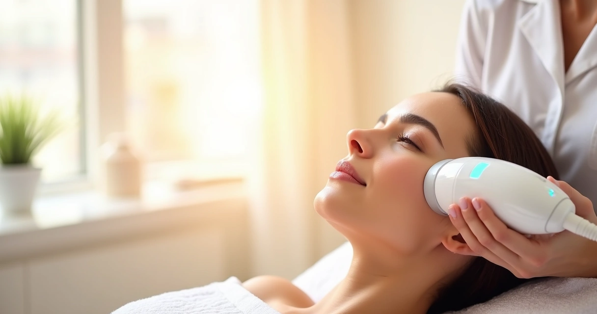 Mulher recebendo tratamento facial com luz pulsada 