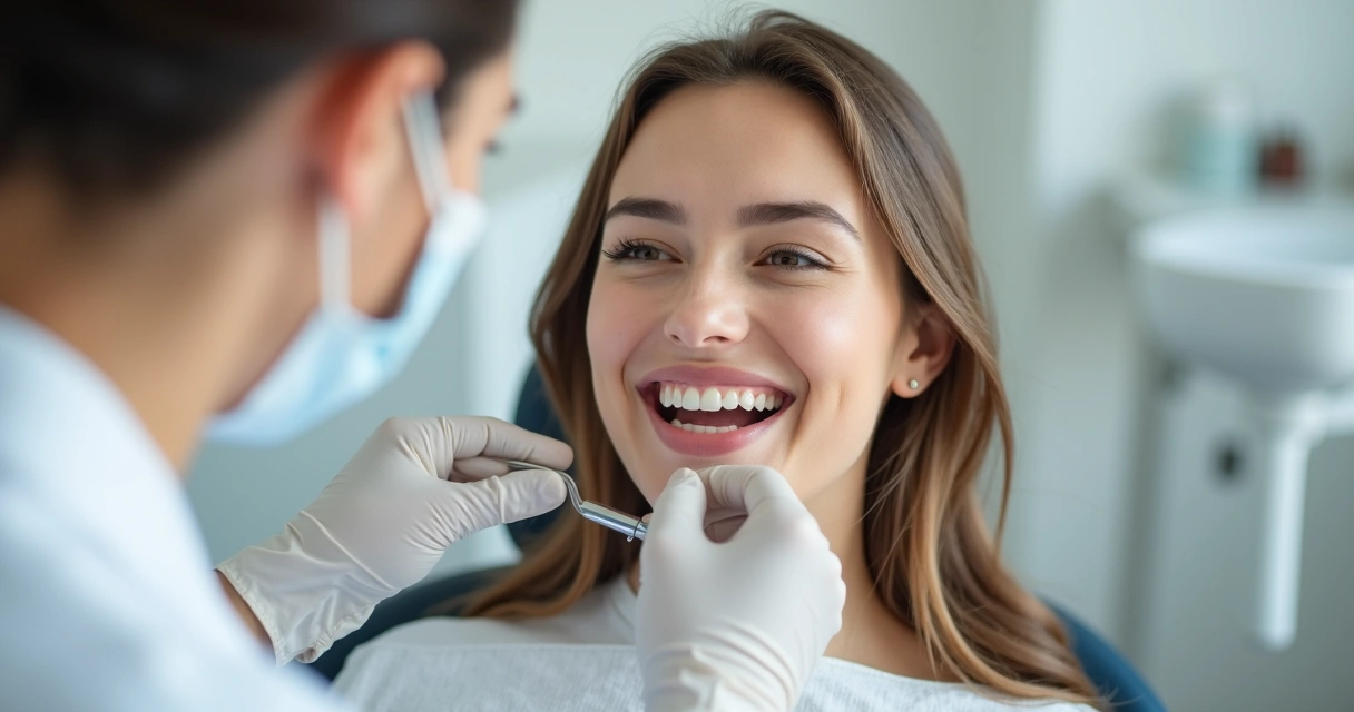 Paciente sorrindo em consultório odontológico 