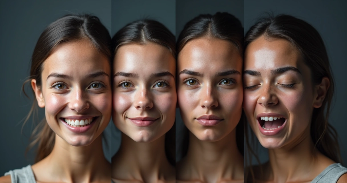 Montagem de quatro rostos mostrando expressões faciais contrastantes lado a lado 