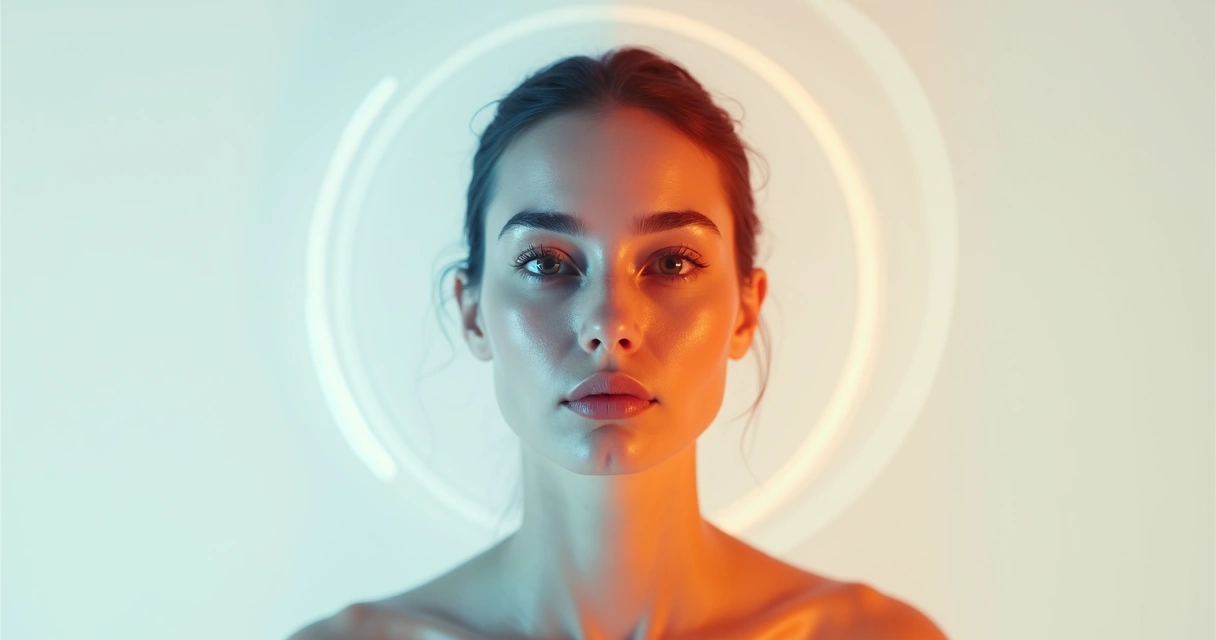 Rostro humano dividido en colores cambiantes que reflejan distintos estados internos 