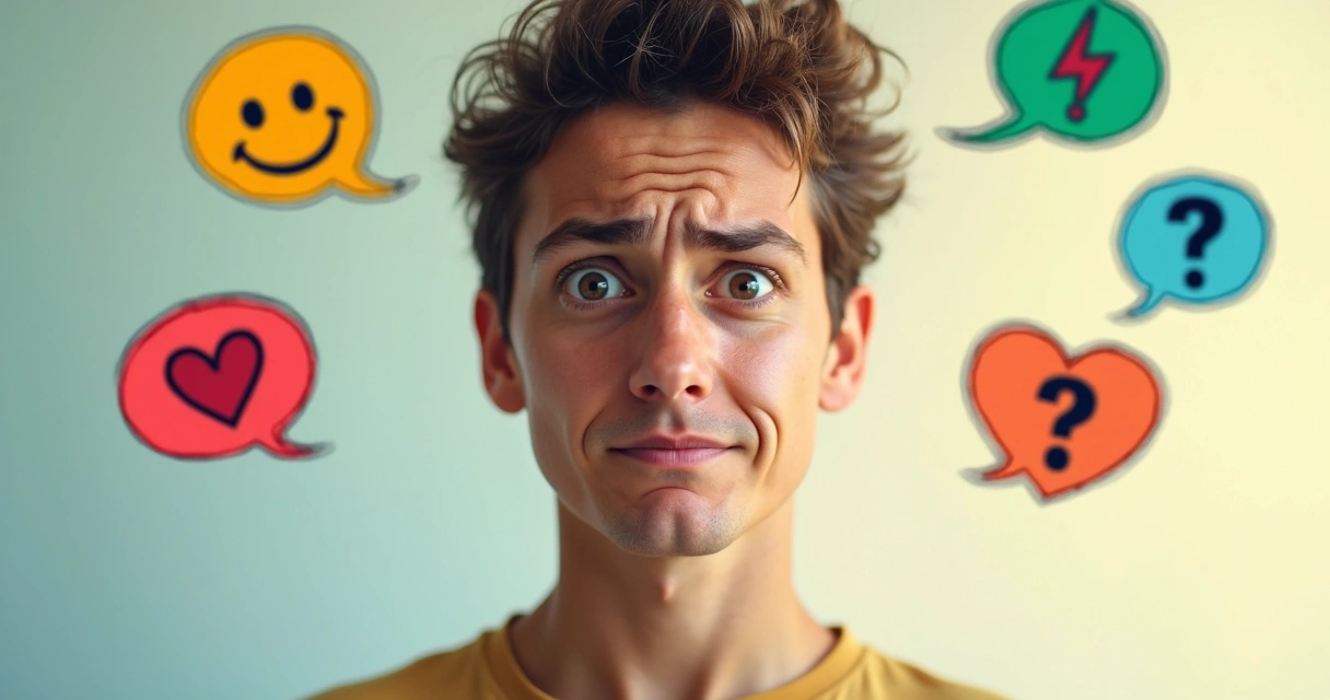 Rostro de persona confundida rodeado de iconos de emociones 