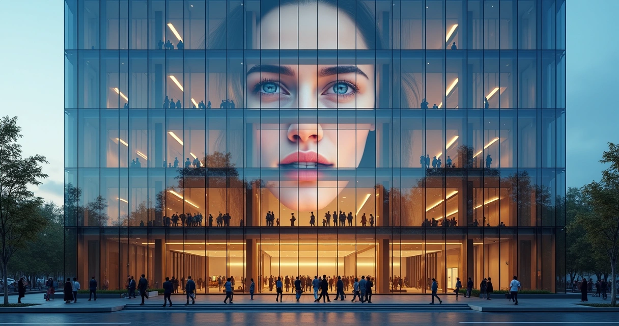 Rostro humano con sombras emocionales proyectadas sobre un edificio corporativo 